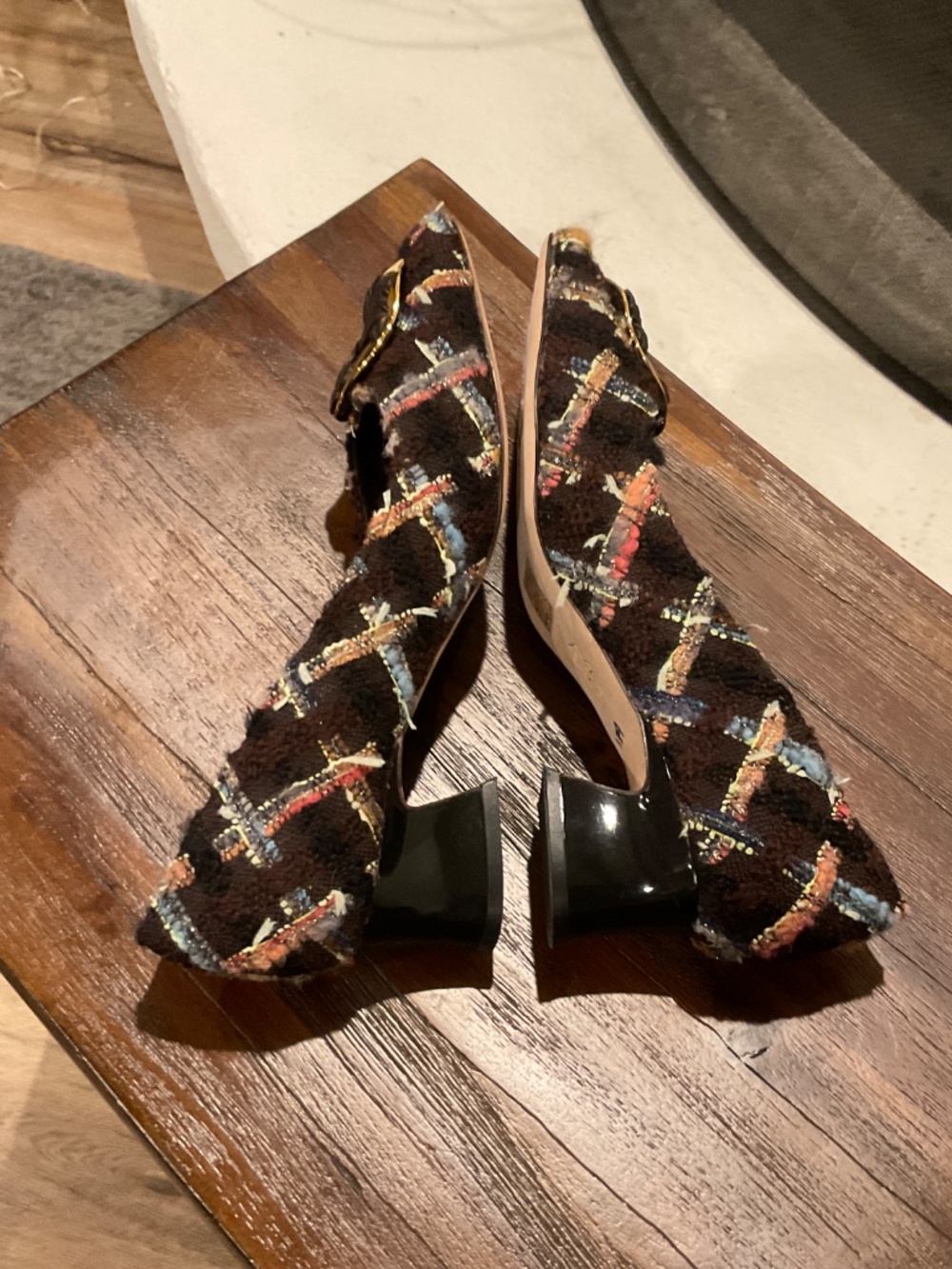 Tory Burch Revolve Wool Blend Mixed Media Tweed Boucle Plaid Pump Brown Size 8 - Picture 5 of 9